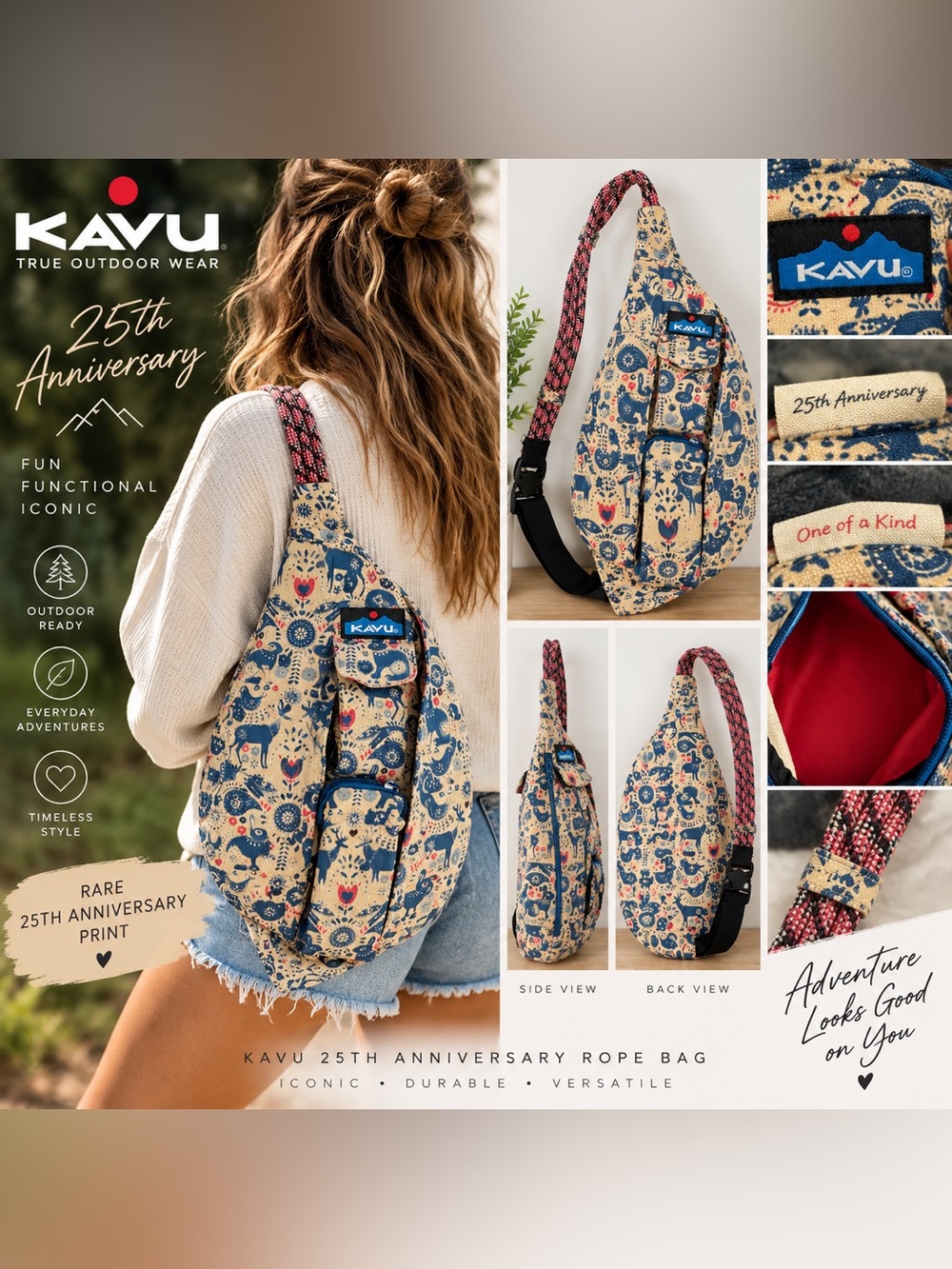 Kavu 25th Anniversary Critter Tale Rope Bag Rare Animal Folk Print Sling